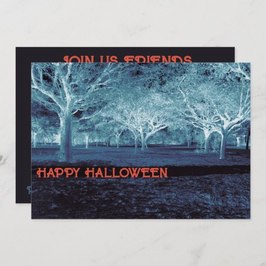 黒と青のハローウィンパーティ怖い森 招待状 (正面/裏面)