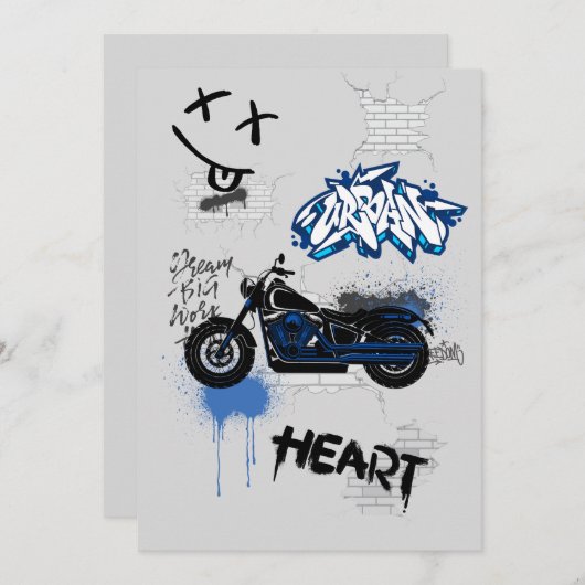 黒と青のバイクの落書き 灰色 招待状 (正面/裏面)