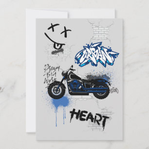 黒と青のバイクの落書き 灰色 招待状