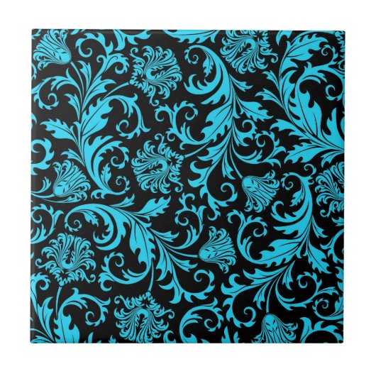 黒と青のフローラエレガントダマスクパターン タイル (正面)