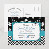 黒と青のフローラハート日付の保存 案内ポストカード (正面/裏面)