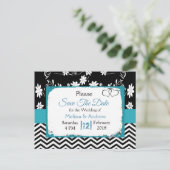 黒と青のフローラハート日付の保存 案内ポストカード (スタンド正面)