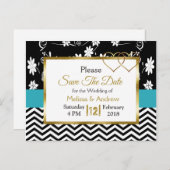 黒と青のフローラハート日付の保存 案内ポストカード (正面/裏面)