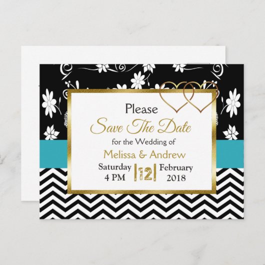 黒と青のフローラハート日付の保存 案内ポストカード (正面/裏面)