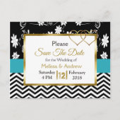 黒と青のフローラハート日付の保存 案内ポストカード (正面)