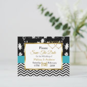 黒と青のフローラハート日付の保存 案内ポストカード (スタンド正面)