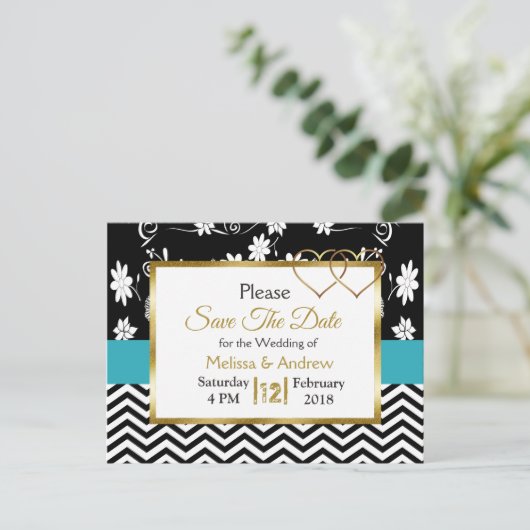 黒と青のフローラハート日付の保存 案内ポストカード (スタンド正面)