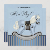 黒と青のロッキングホース赤ちゃんシャワー 招待状 (正面/裏面)