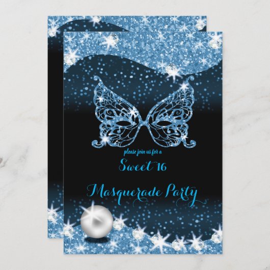黒と青の仮装の甘い16グリッター 招待状 (正面/裏面)