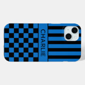黒と青の市松模様とストライプのオーダーメイドケース Case-Mate iPhoneケース (裏面 (横))