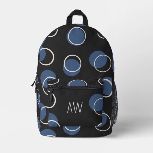 黒と青の幾何学円モノグラムイニシャル プリントバックパック (正面)