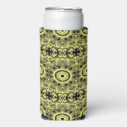 黒と黄のフローラ曼荼羅の模様 スリム缶クーラー (Seltzer正面)