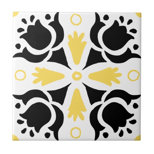 黒と黄の入り組んだ花柄 タイル (正面)