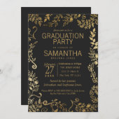 黒と黄の金ゴールドフローラの卒業 招待状 (正面/裏面)