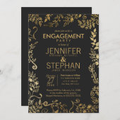 黒と黄の金ゴールドフローラ婚約 招待状 (正面/裏面)