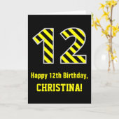 黒と黄ストライプの色「12」、12誕生日+名前 カード (黄色い花)