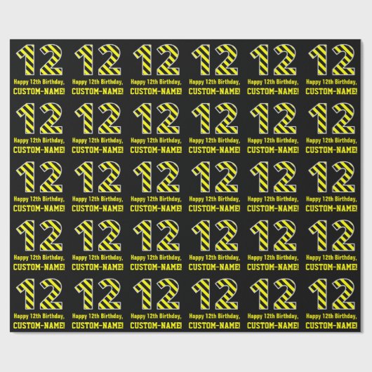黒と黄ストライプの色「12」、12誕生日+名前 ラッピングペーパー (フラット)