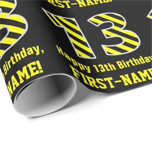 黒と黄ストライプの色「13」、13誕生日+名前 ラッピングペーパー (ロールコーナー)