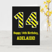 黒と黄ストライプの色「14」、14誕生日+名前 カード (黄色い花)