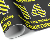 黒と黄ストライプの色「14」、14誕生日+名前 ラッピングペーパー (ロールコーナー)