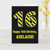 黒と黄ストライプの色「16」、16誕生日+名前 カード (黄色い花)