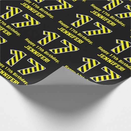 黒と黄ストライプの色「17」、17誕生日+名前 ラッピングペーパー (角)