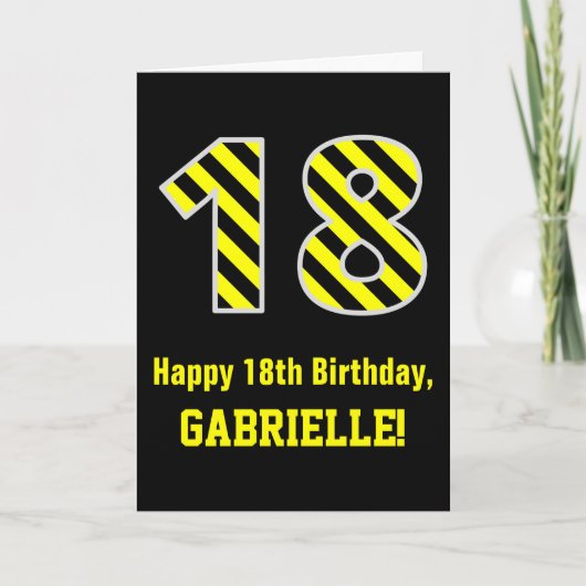 黒と黄ストライプの色「18」、18誕生日+名前 カード (正面)