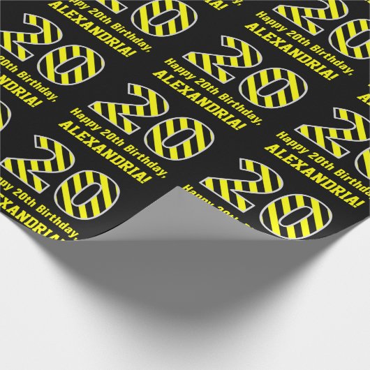 黒と黄ストライプの色「20」、20誕生日+名前 ラッピングペーパー (角)