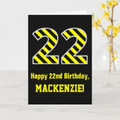 黒と黄ストライプの色「22」、22誕生日+名前 カード (黄色い花)