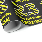 黒と黄ストライプの色「23」、23誕生日+名前 ラッピングペーパー (ロールコーナー)