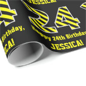 黒と黄ストライプの色「24」、24誕生日+名前 ラッピングペーパー (ロールコーナー)