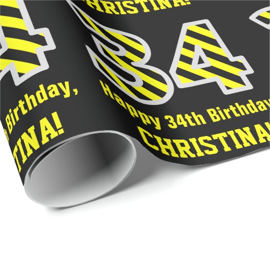 黒と黄ストライプの色「34」、34誕生日+名前 ラッピングペーパー (ロールコーナー)