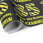 黒と黄ストライプの色「35」、35誕生日+名前 ラッピングペーパー (ロールコーナー)