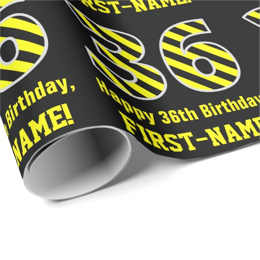 黒と黄ストライプの色「36」、36誕生日+名前 ラッピングペーパー (ロールコーナー)