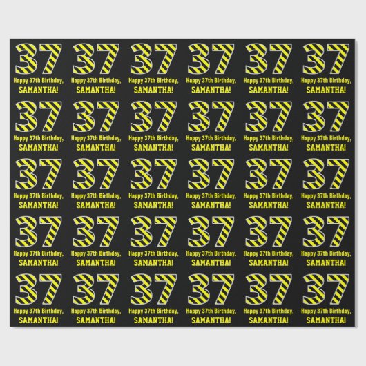 黒と黄ストライプの色「37」、37誕生日+名前 ラッピングペーパー (フラット)