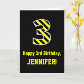 黒と黄ストライプの色「3」、3歳の誕生日+名前 カード (黄色い花)