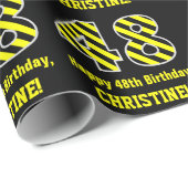 黒と黄ストライプの色「48」、48誕生日+名前 ラッピングペーパー (ロールコーナー)