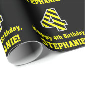 黒と黄ストライプの色「4」、4歳の誕生日+名前 ラッピングペーパー (ロールコーナー)