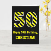 黒と黄ストライプの色「50」、50誕生日+名前 カード (黄色い花)