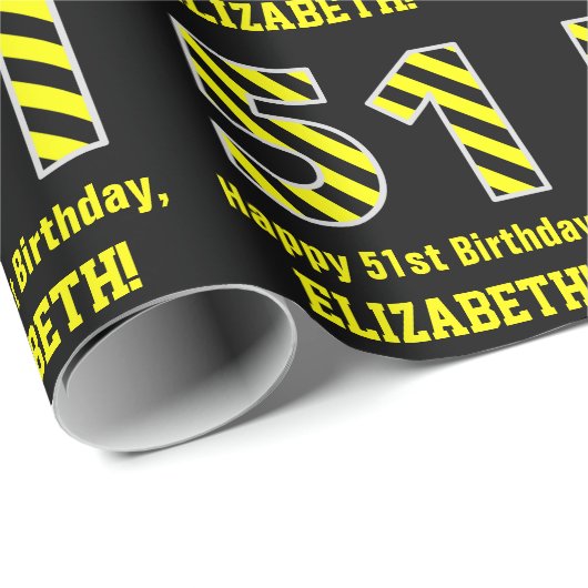 黒と黄ストライプの色「51」、51誕生日+名前 ラッピングペーパー (ロールコーナー)