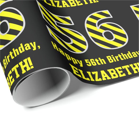 黒と黄ストライプの色「56」、56誕生日+名前 ラッピングペーパー (ロールコーナー)