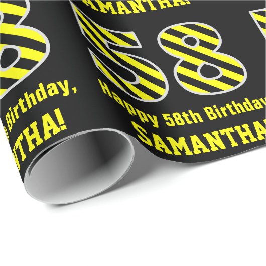 黒と黄ストライプの色「58」、58誕生日+名前 ラッピングペーパー (ロールコーナー)