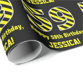 黒と黄ストライプの色「59」、59誕生日+名前 ラッピングペーパー (ロールコーナー)