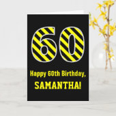 黒と黄ストライプの色「60」、60誕生日+名前 カード (黄色い花)