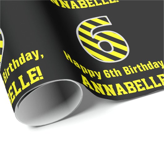黒と黄ストライプの色「6」、6番目の誕生日+名前 ラッピングペーパー (ロールコーナー)