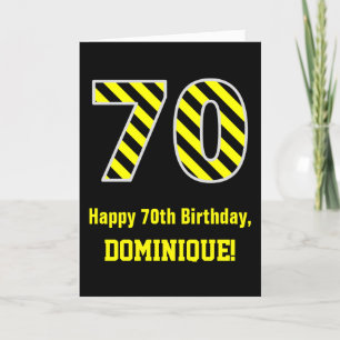 黒と黄ストライプの色「70」、70誕生日+名前 カード