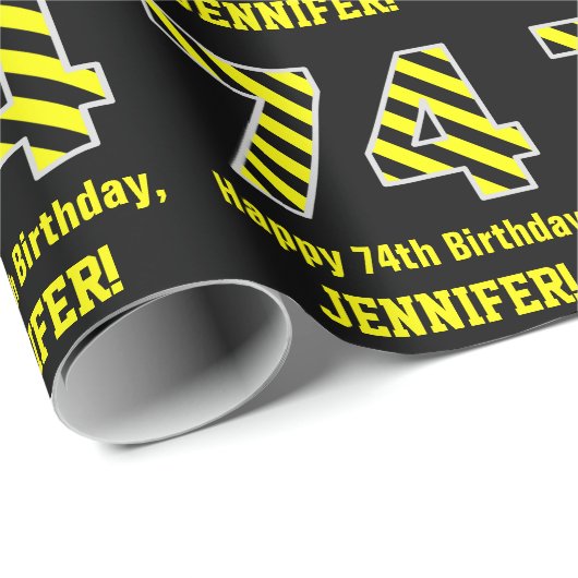 黒と黄ストライプの色"74"、74誕生日+名前 ラッピングペーパー (ロールコーナー)