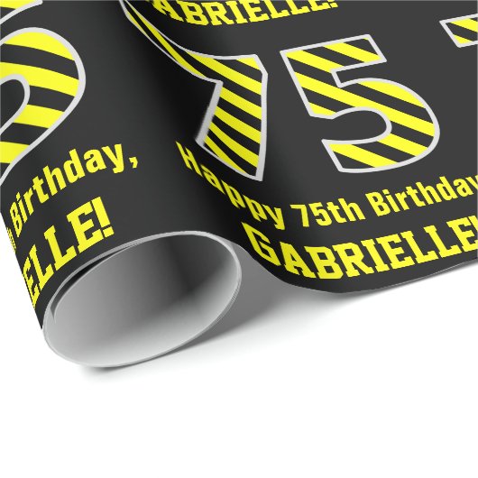黒と黄ストライプの色「75」、75誕生日+名前 ラッピングペーパー (ロールコーナー)