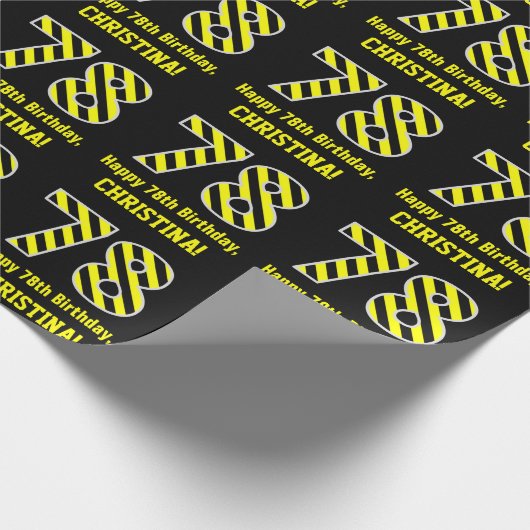 黒と黄ストライプの色"78"、78誕生日+名前 ラッピングペーパー (角)