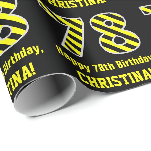 黒と黄ストライプの色"78"、78誕生日+名前 ラッピングペーパー (ロールコーナー)